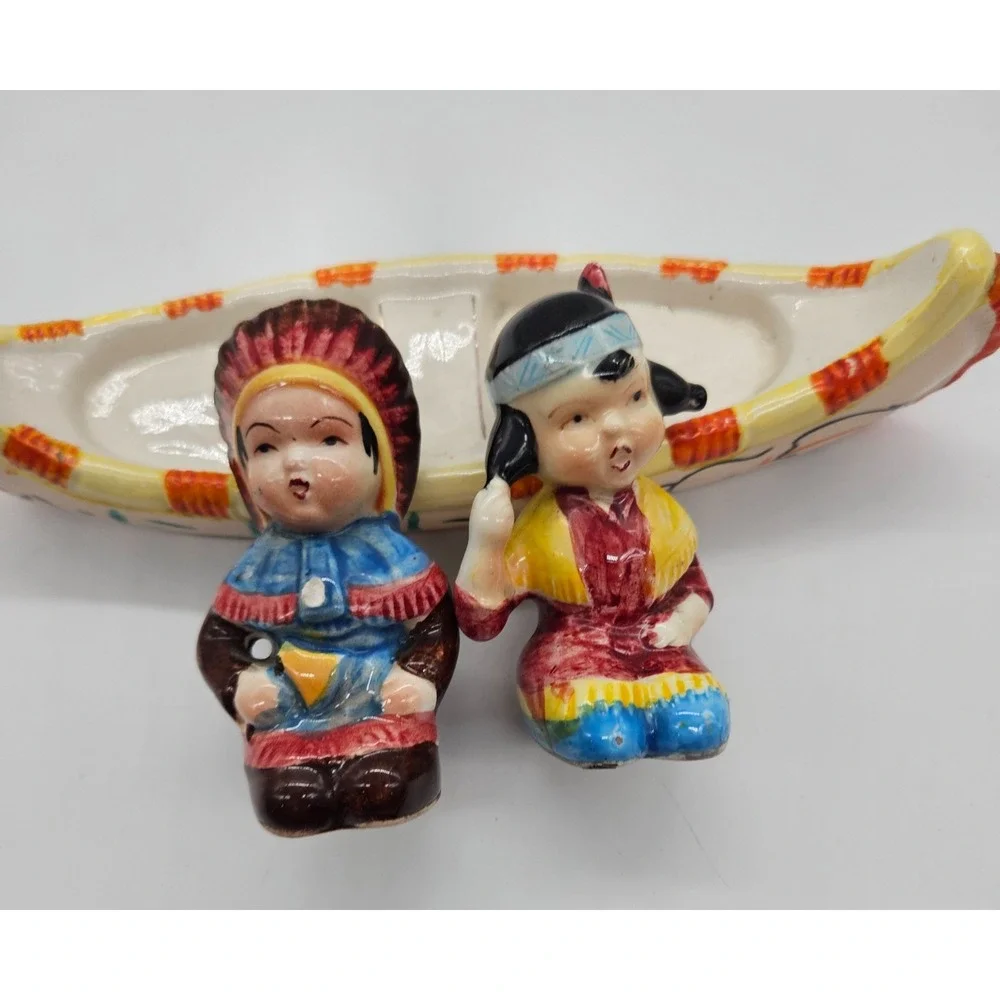 Vintage Japan Ceramic Salt and Pepper Shakers Indigenous Figures in Canoe Set